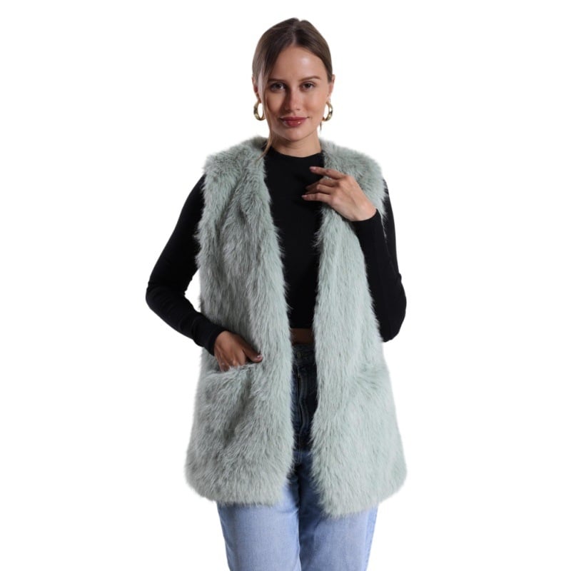 Vesta din blană sintetică cu decolteu în V, poliester, croi lejer, lungime medie (Material: Poliester; Material principal: Blană sintetică; Decolteu: în V; Croi: lejer; Lungime: medie)