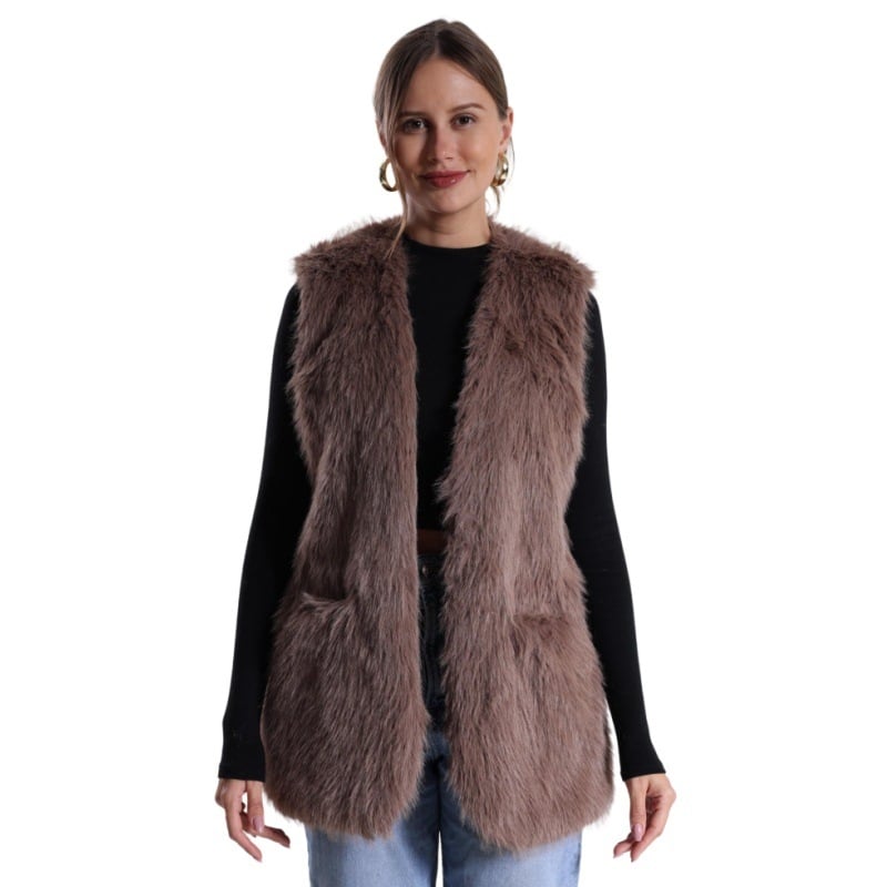 Vesta din blană sintetică cu decolteu în V, poliester, croi lejer, lungime medie (Material: Poliester; Material principal: Blană sintetică; Decolteu: în V; Croi: lejer; Lungime: medie)