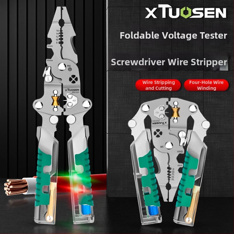 Tuosen elektrikų replės – daugiakomponentės replės laidų pjaustymui, nulupimui, vyniojimui, bandymui, sulankstomas dizainas