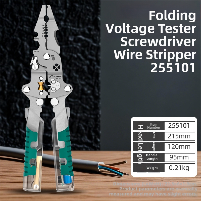 Tuosen elektrikų replės – daugiakomponentės replės laidų pjaustymui, nulupimui, vyniojimui, bandymui, sulankstomas dizainas