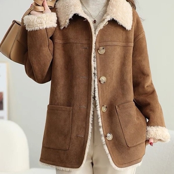 Ženska jakna u korejskom stilu s umjetnom krznom i izgledom kože, poliester 90–95%, drugi materijal ≤30%