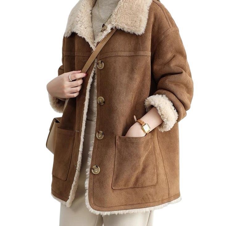 Ženska jakna u korejskom stilu s umjetnom krznom i izgledom kože, poliester 90–95%, drugi materijal ≤30%