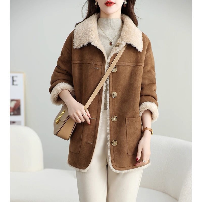 Ženska jakna u korejskom stilu s umjetnom krznom i izgledom kože, poliester 90–95%, drugi materijal ≤30%