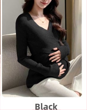 Nėščiųjų maitinanantis top su V kaklo iškirpte, gobtuvu, megztas audinys, ilgomis rankovėmis, lieso silueto, medvilnės-poliesterio mišinio