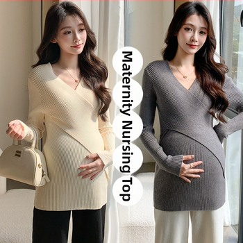 Nėščiųjų maitinanantis top su V kaklo iškirpte, gobtuvu, megztas audinys, ilgomis rankovėmis, lieso silueto, medvilnės-poliesterio mišinio