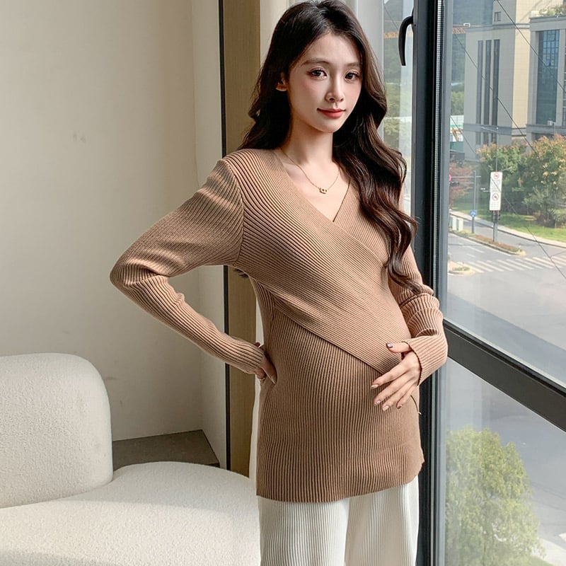 Nėščiųjų maitinanantis top su V kaklo iškirpte, gobtuvu, megztas audinys, ilgomis rankovėmis, lieso silueto, medvilnės-poliesterio mišinio