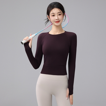 Női őszi-téli vastag yoga felső, varrat nélküli, derékban karcsúsító, kerek nyak, hosszú ujj, gyorsan száradó nylon/spandex keverék