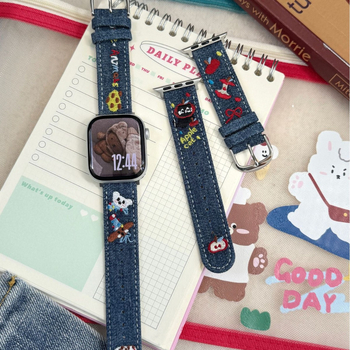 Denim karóra szíj cartoon hímzett Apple Watch-hoz, 20 mm interfész, tűs csat, divatos stílus