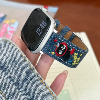 Denim karóra szíj cartoon hímzett Apple Watch-hoz, 20 mm interfész, tűs csat, divatos stílus