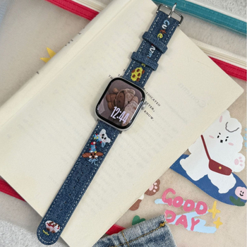 Denim karóra szíj cartoon hímzett Apple Watch-hoz, 20 mm interfész, tűs csat, divatos stílus