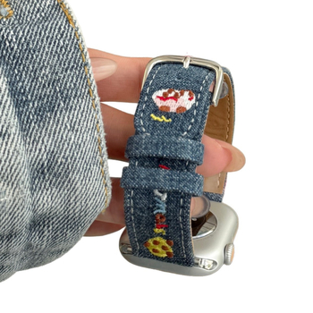 Denim karóra szíj cartoon hímzett Apple Watch-hoz, 20 mm interfész, tűs csat, divatos stílus