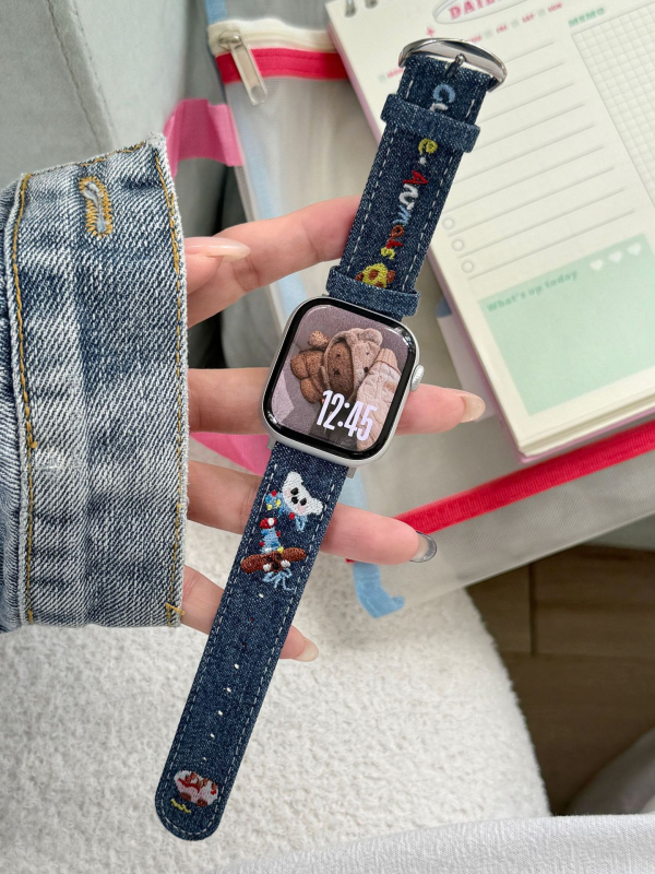 Denim karóra szíj cartoon hímzett Apple Watch-hoz, 20 mm interfész, tűs csat, divatos stílus