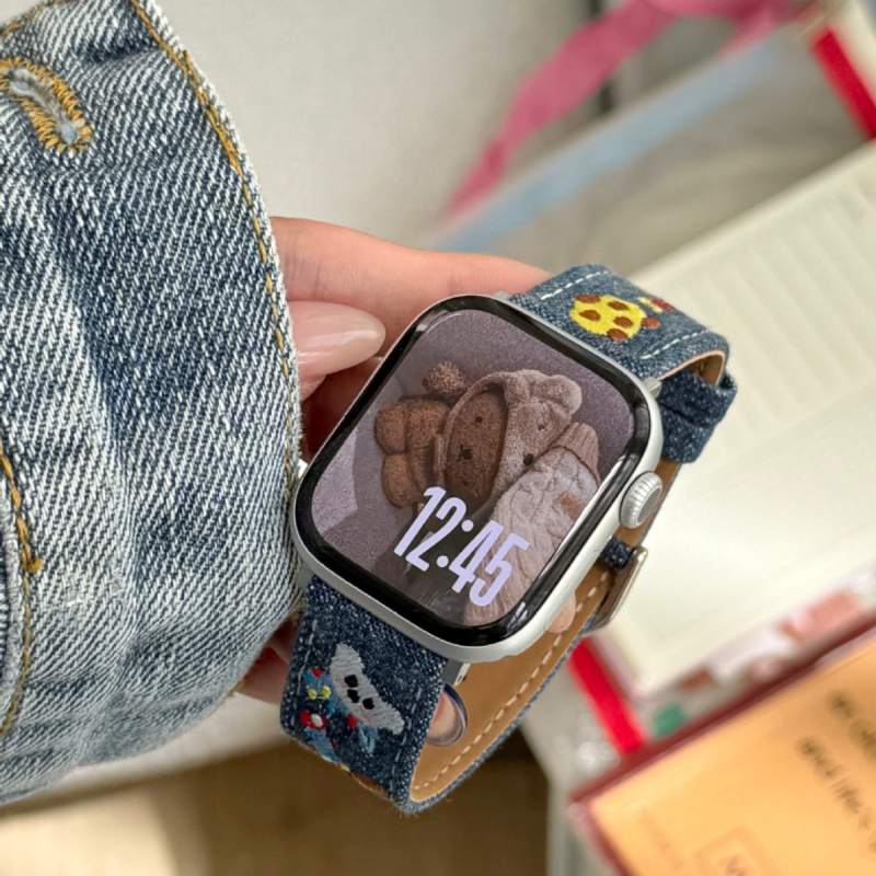 Denim karóra szíj cartoon hímzett Apple Watch-hoz, 20 mm interfész, tűs csat, divatos stílus