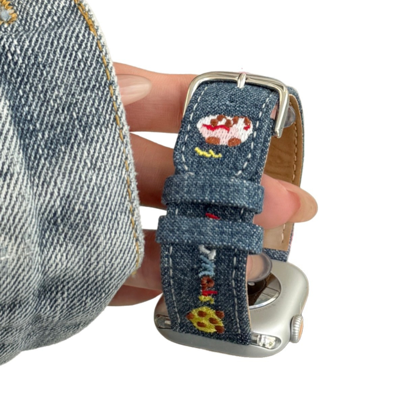 Denim karóra szíj cartoon hímzett Apple Watch-hoz, 20 mm interfész, tűs csat, divatos stílus