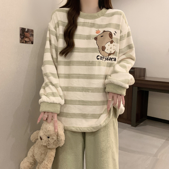 Flanel pidžama za žene, minimalistički pulover stil, debljina 251–300 g/m2, okrugli vrat, dugi rukavi, hlače