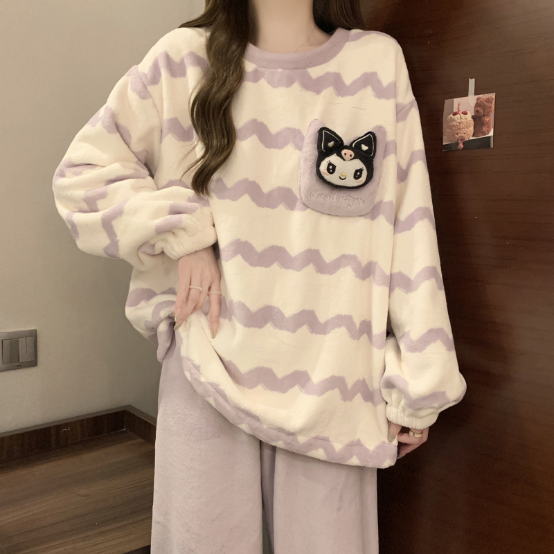 Flanel pidžama za žene, minimalistički pulover stil, debljina 251–300 g/m2, okrugli vrat, dugi rukavi, hlače