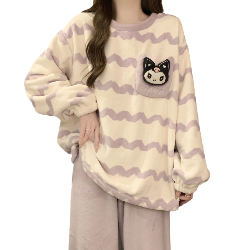 Flanel pidžama za žene, minimalistički pulover stil, debljina 251–300 g/m2, okrugli vrat, dugi rukavi, hlače