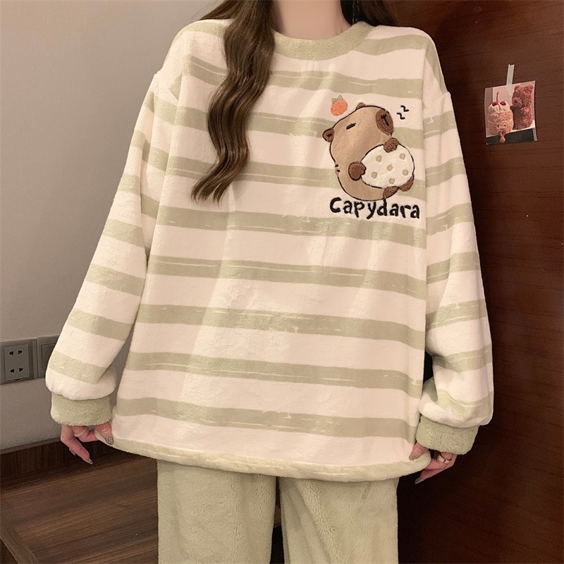 Flanel pidžama za žene, minimalistički pulover stil, debljina 251–300 g/m2, okrugli vrat, dugi rukavi, hlače