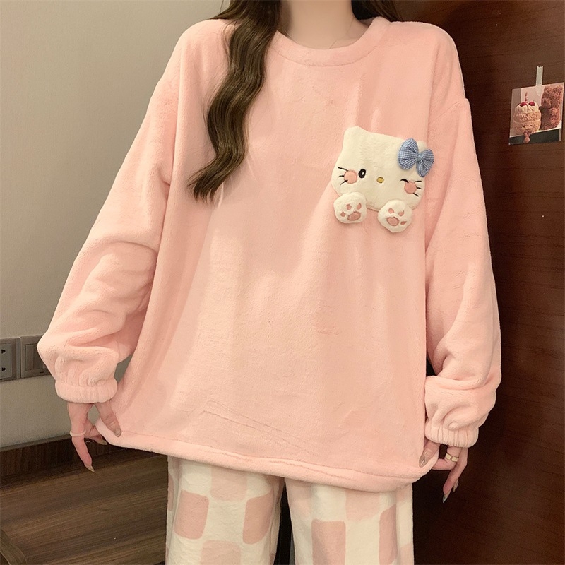 Flanel pidžama za žene, minimalistički pulover stil, debljina 251–300 g/m2, okrugli vrat, dugi rukavi, hlače