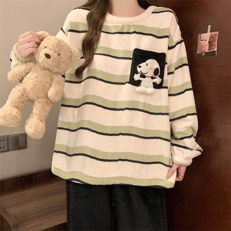 Flanel pidžama za žene, minimalistički pulover stil, debljina 251–300 g/m2, okrugli vrat, dugi rukavi, hlače