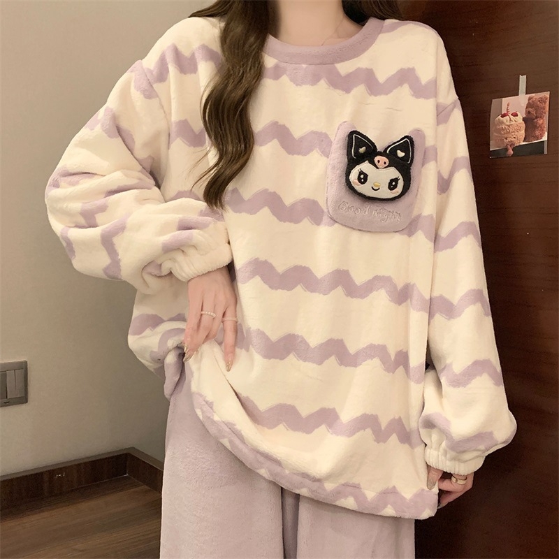 Flanel pidžama za žene, minimalistički pulover stil, debljina 251–300 g/m2, okrugli vrat, dugi rukavi, hlače