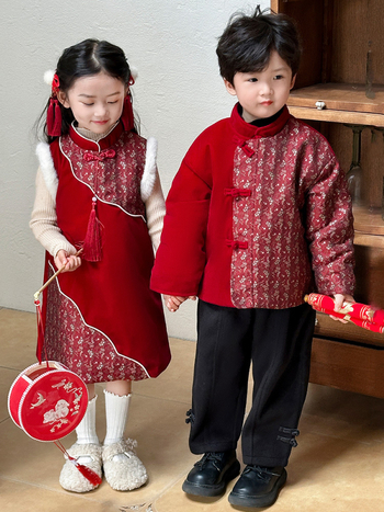 Детски китайски тан костюм комплект – зима 2025 издание, унисекс ханфу стил, полиестерна материя, за деца над 8 години