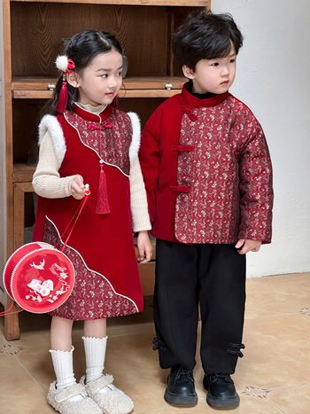 Детски китайски тан костюм комплект – зима 2025 издание, унисекс ханфу стил, полиестерна материя, за деца над 8 години