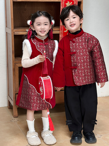 Детски китайски тан костюм комплект – зима 2025 издание, унисекс ханфу стил, полиестерна материя, за деца над 8 години