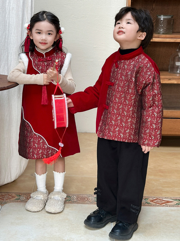 Детски китайски тан костюм комплект – зима 2025 издание, унисекс ханфу стил, полиестерна материя, за деца над 8 години