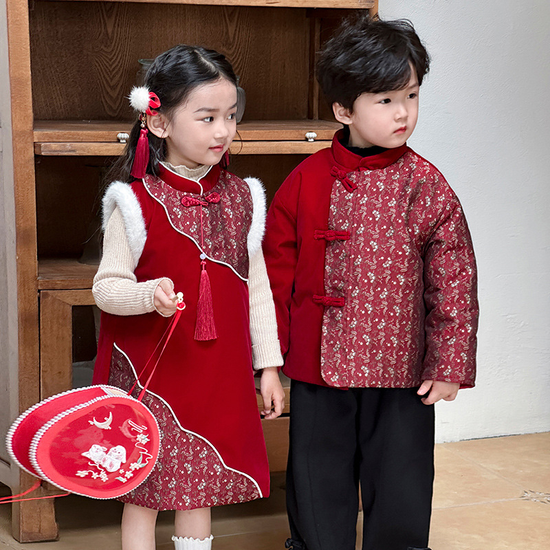 Детски китайски тан костюм комплект – зима 2025 издание, унисекс ханфу стил, полиестерна материя, за деца над 8 години