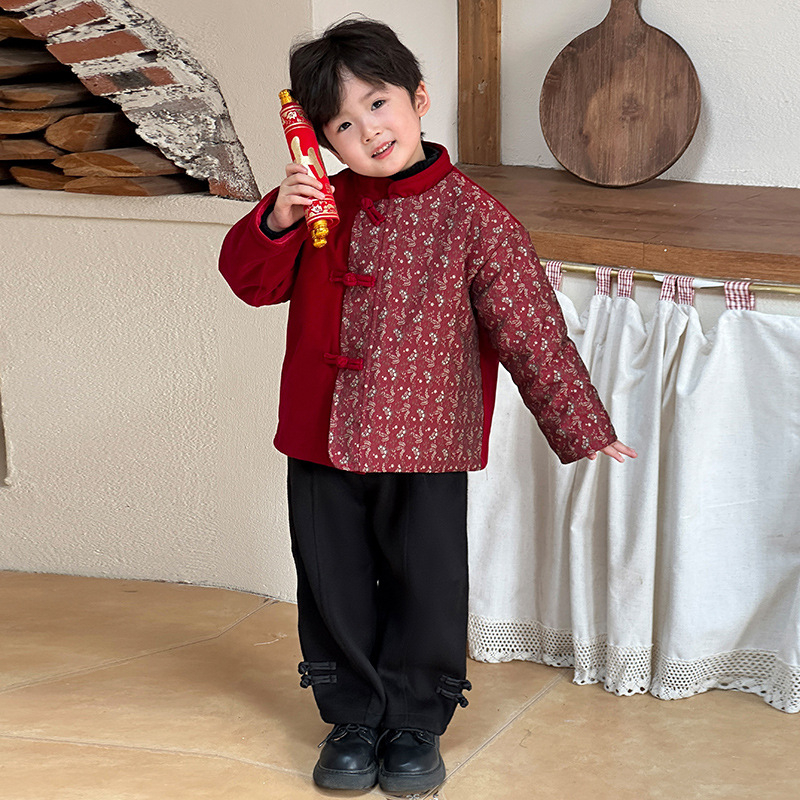 Детски китайски тан костюм комплект – зима 2025 издание, унисекс ханфу стил, полиестерна материя, за деца над 8 години