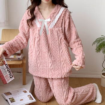 Σετ πυτζάμες εγκύων για χειμώνα με φλάνελ, 100% πολυεστέρας, εξαιρετικά παχύ 301–350 g/m², με μακριά μανίκια και παντελόνια, πολυτελής στυλ