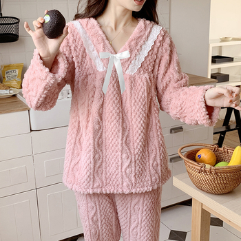 Σετ πυτζάμες εγκύων για χειμώνα με φλάνελ, 100% πολυεστέρας, εξαιρετικά παχύ 301–350 g/m², με μακριά μανίκια και παντελόνια, πολυτελής στυλ