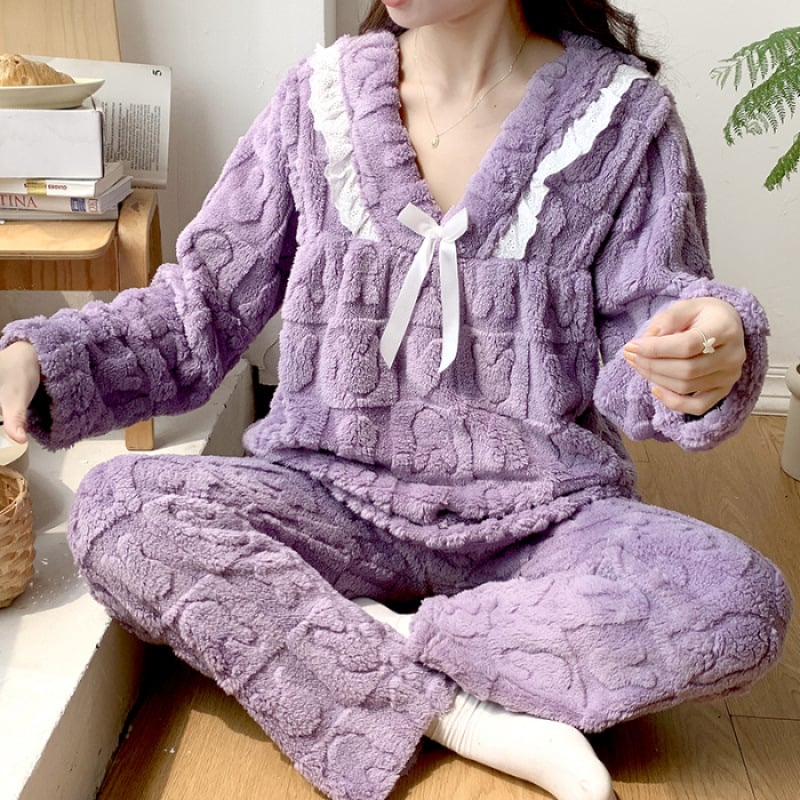 Σετ πυτζάμες εγκύων για χειμώνα με φλάνελ, 100% πολυεστέρας, εξαιρετικά παχύ 301–350 g/m², με μακριά μανίκια και παντελόνια, πολυτελής στυλ