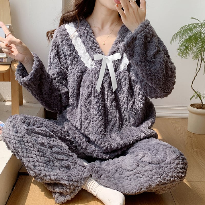 Σετ πυτζάμες εγκύων για χειμώνα με φλάνελ, 100% πολυεστέρας, εξαιρετικά παχύ 301–350 g/m², με μακριά μανίκια και παντελόνια, πολυτελής στυλ