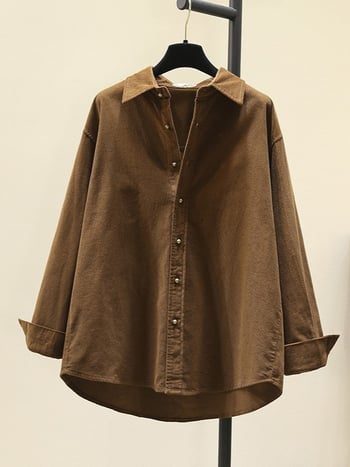 Corduroy särk, polüestri segu, vaba lõige, Korea stiili vaba aeg, terav kaelus