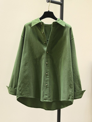 Corduroy särk, polüestri segu, vaba lõige, Korea stiili vaba aeg, terav kaelus