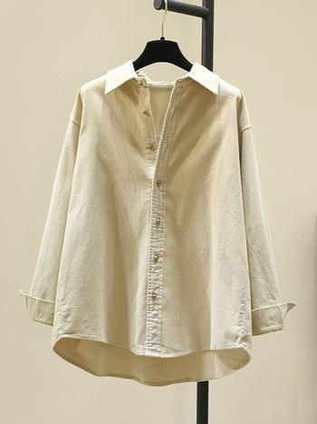 Corduroy särk, polüestri segu, vaba lõige, Korea stiili vaba aeg, terav kaelus