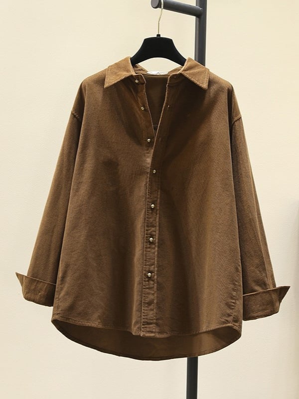 Corduroy särk, polüestri segu, vaba lõige, Korea stiili vaba aeg, terav kaelus