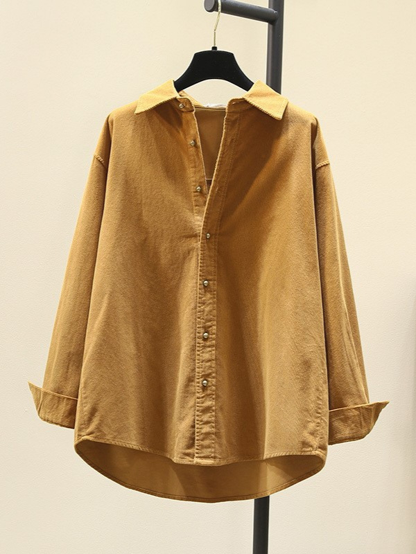 Corduroy särk, polüestri segu, vaba lõige, Korea stiili vaba aeg, terav kaelus