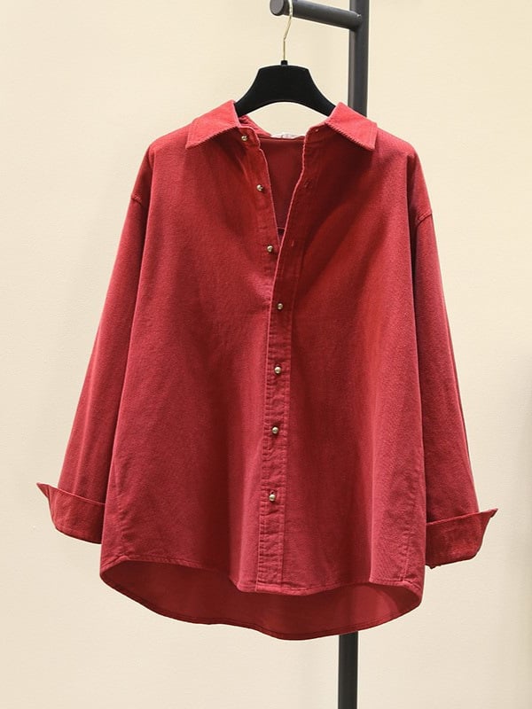 Corduroy särk, polüestri segu, vaba lõige, Korea stiili vaba aeg, terav kaelus