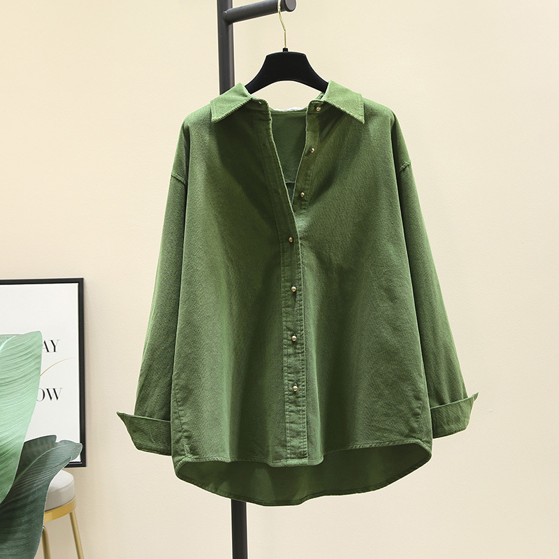 Corduroy särk, polüestri segu, vaba lõige, Korea stiili vaba aeg, terav kaelus