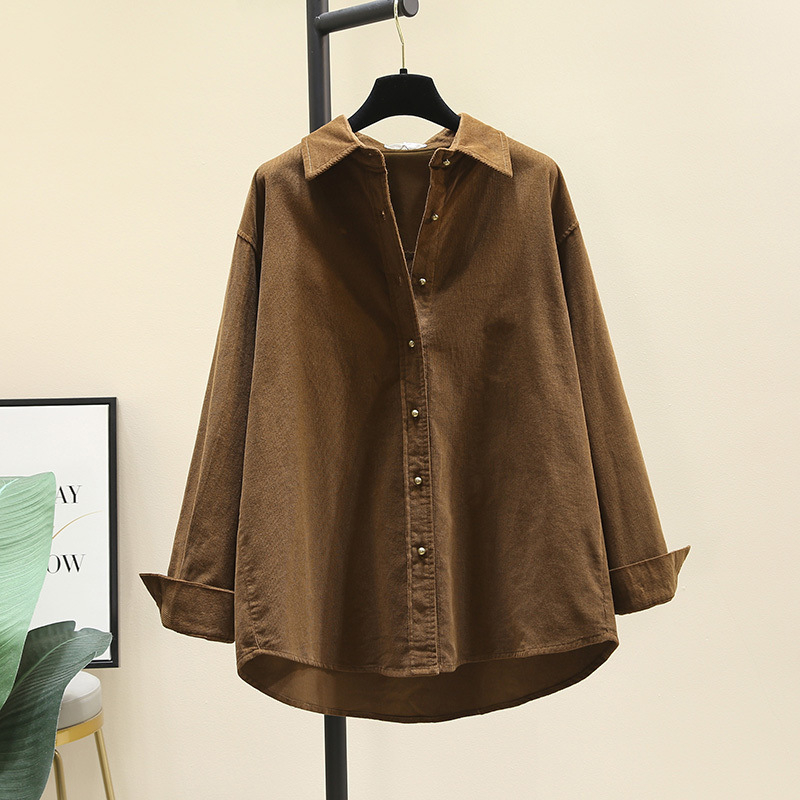 Corduroy särk, polüestri segu, vaba lõige, Korea stiili vaba aeg, terav kaelus