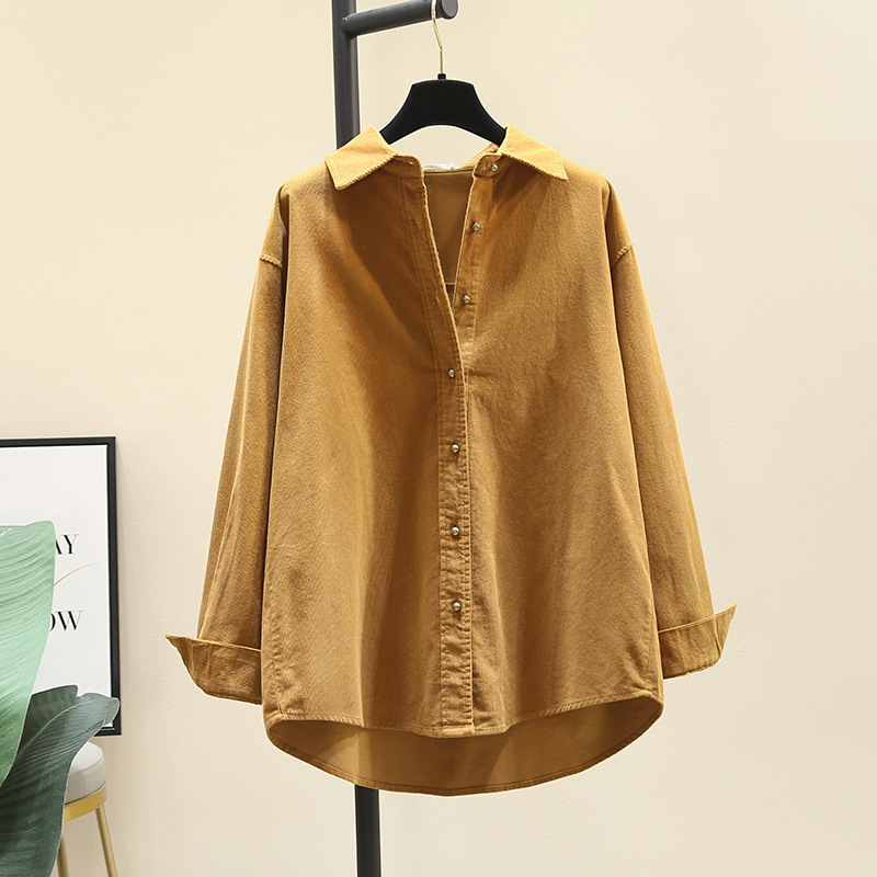 Corduroy särk, polüestri segu, vaba lõige, Korea stiili vaba aeg, terav kaelus