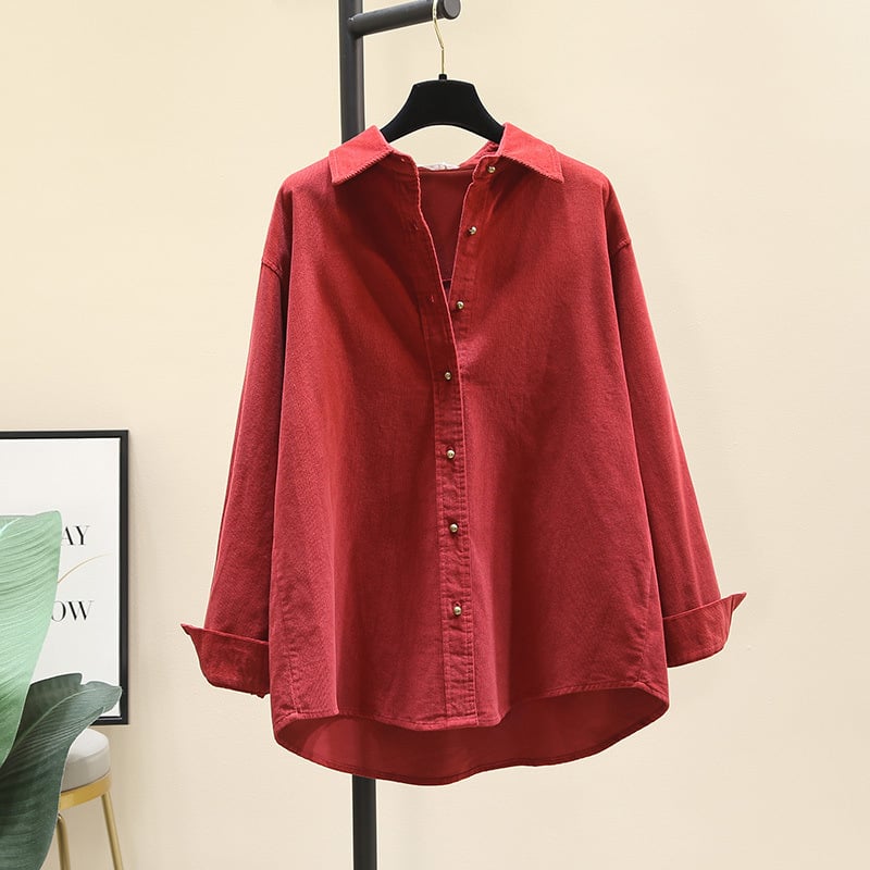 Corduroy särk, polüestri segu, vaba lõige, Korea stiili vaba aeg, terav kaelus