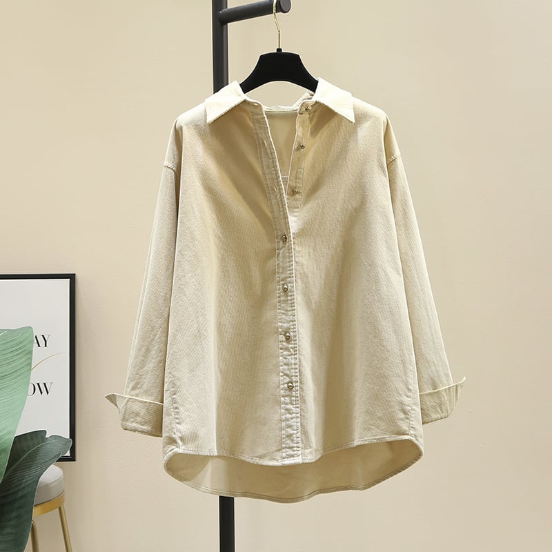 Corduroy särk, polüestri segu, vaba lõige, Korea stiili vaba aeg, terav kaelus