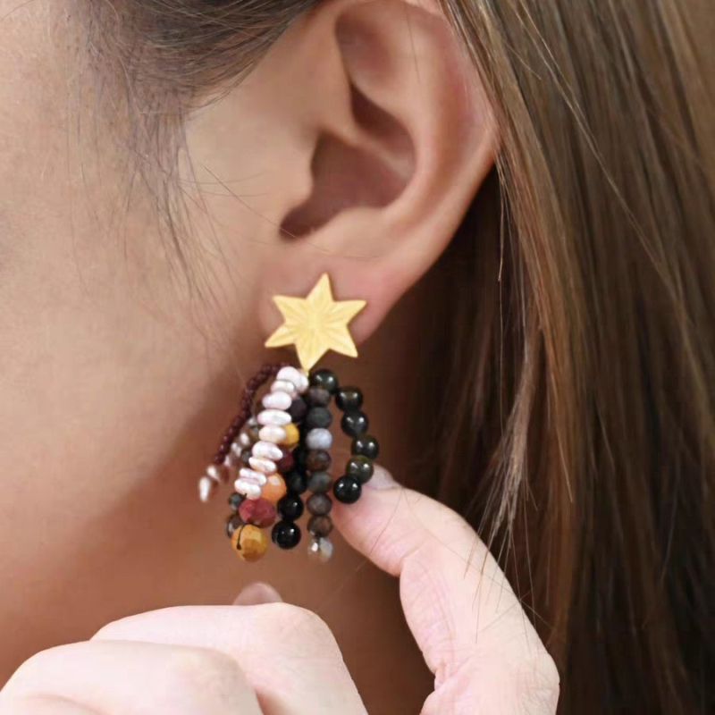 Cercei - cupru, placare cu aur real, formă geometrică, știfturi din argint 925, seria Kaguya Free Gymnastics