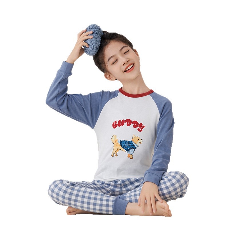 Dječji jesenji pamučni pijama set — okrugli izrez, dugi rukavi, hlače, 100% pamuk, debeli materijal, odvlaživanje vlage