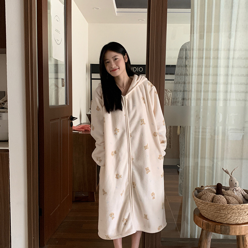 Korejski stil cvjetni set pidžama s kapuljačom od snježnog velura, debeli topli kućni outfit s džepovima