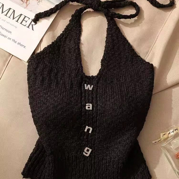 Top tricotat cu halter și pulover cald — amestec de lână, versiune neregulată, stil urban tricotat, bretele neînlăturabile, pentru femei adulte